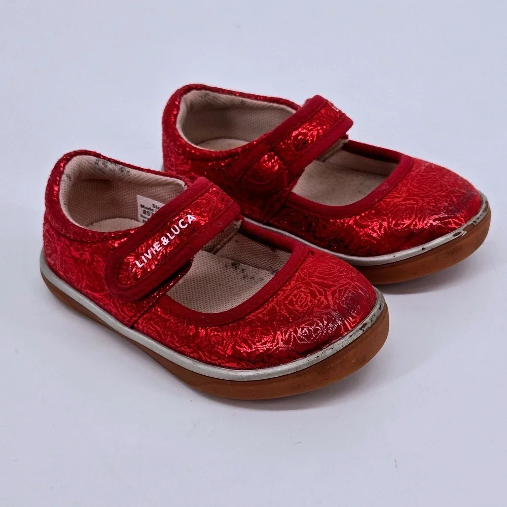 Livie Luca Toddler Girls 6 Red Metallic Foil Rose Mary Jane Shoes Festive Casual